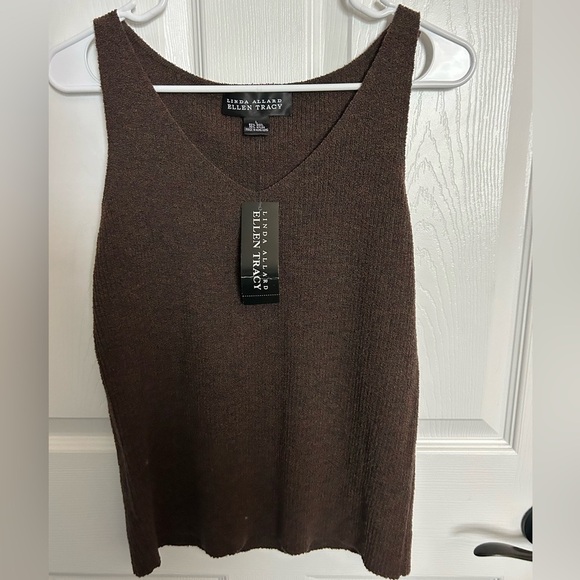 NWT Linda Allard Ellen Tracy Brown Wool blend sleeveless Knit VNeck Top L - Picture 1 of 3